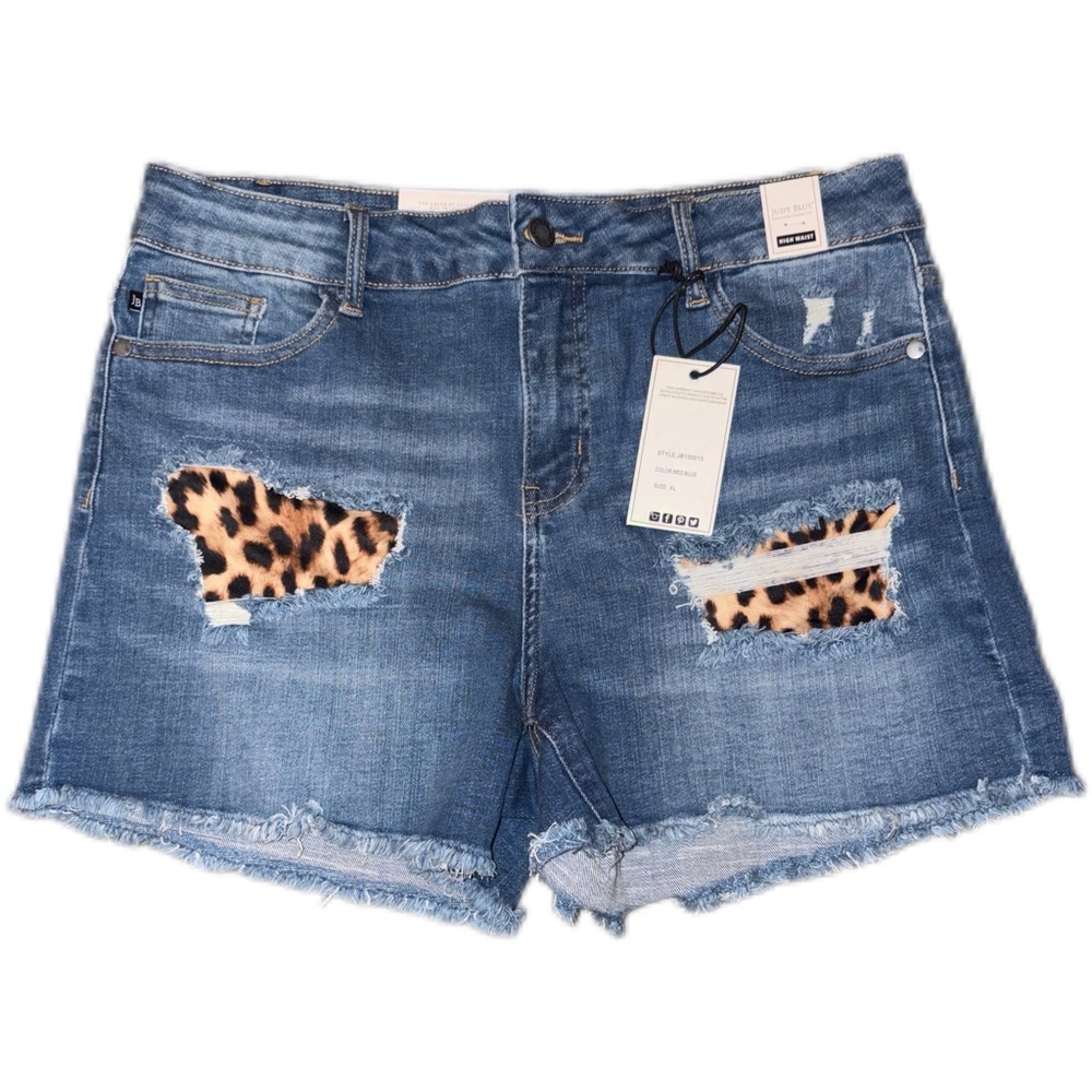 NWT XL Judy Blue High Waist Distressed Denim Leopard Print Patch Shorts